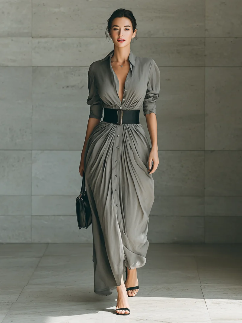 Zahara | Langes Plissee-Kleid mit Taillengürtel