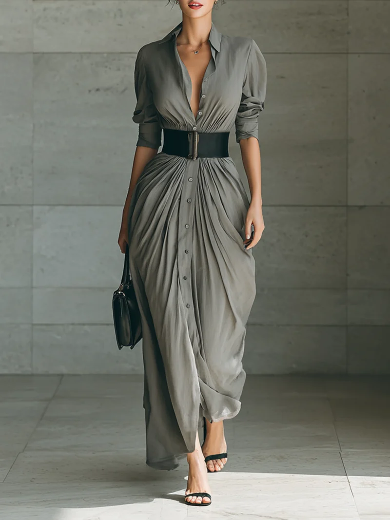 Zahara | Langes Plissee-Kleid mit Taillengürtel