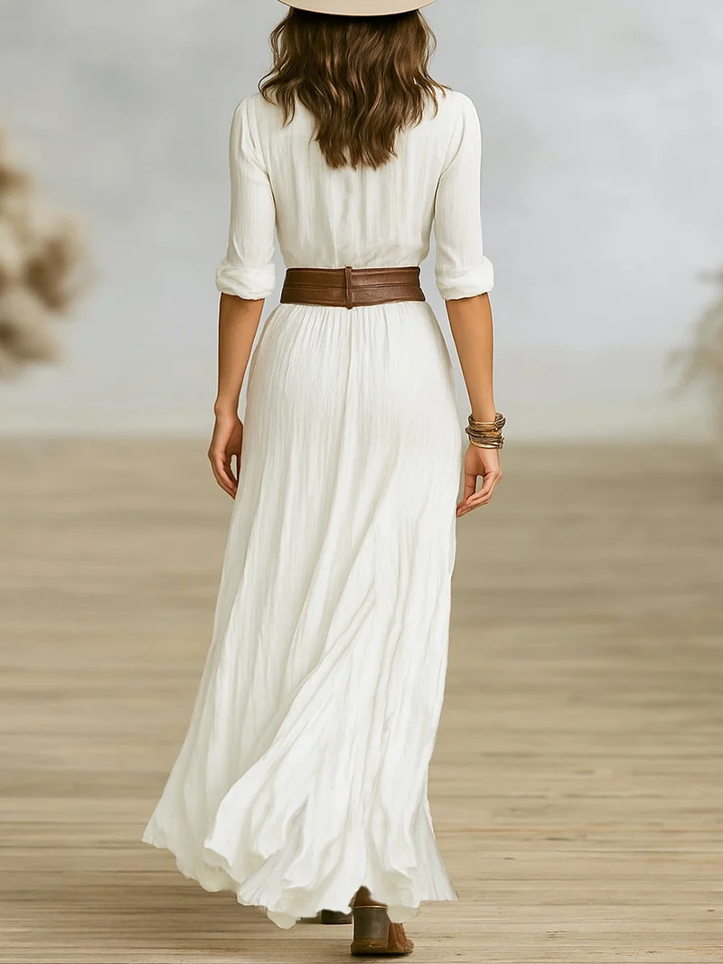 Franziska – Langes Damen-Kleid mit Knopfleiste und Gürtel