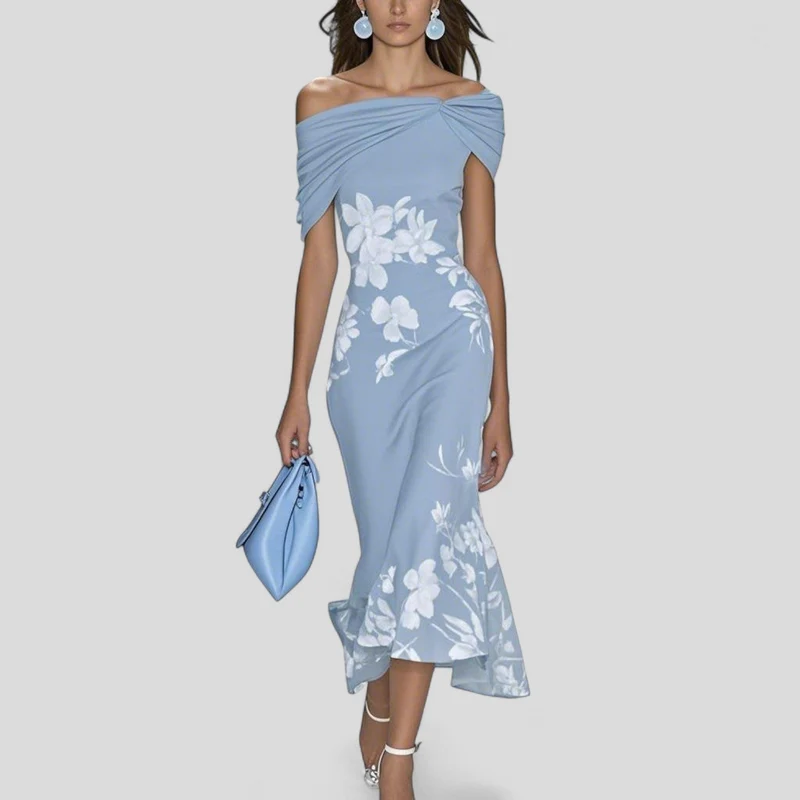Kirsten – Damenkleid mit schulterfreiem Ausschnitt und Rüschen am Saum