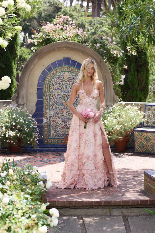 Vanessa – Damenkleid mit Blumenmuster in Pfirsichfarben
