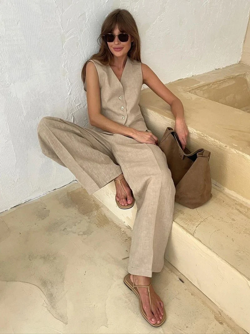 Stefanie – Elegantes Leinen-Set aus Weste und Hose für Damen