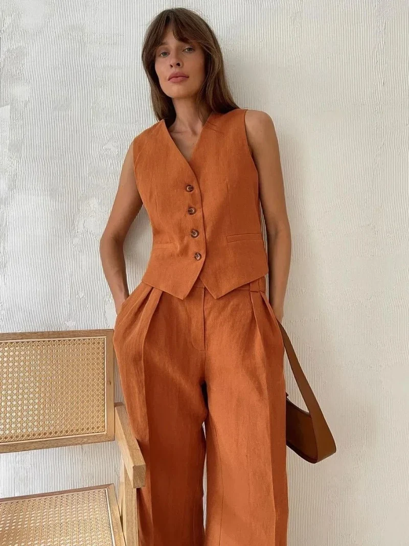 Stefanie – Elegantes Leinen-Set aus Weste und Hose für Damen