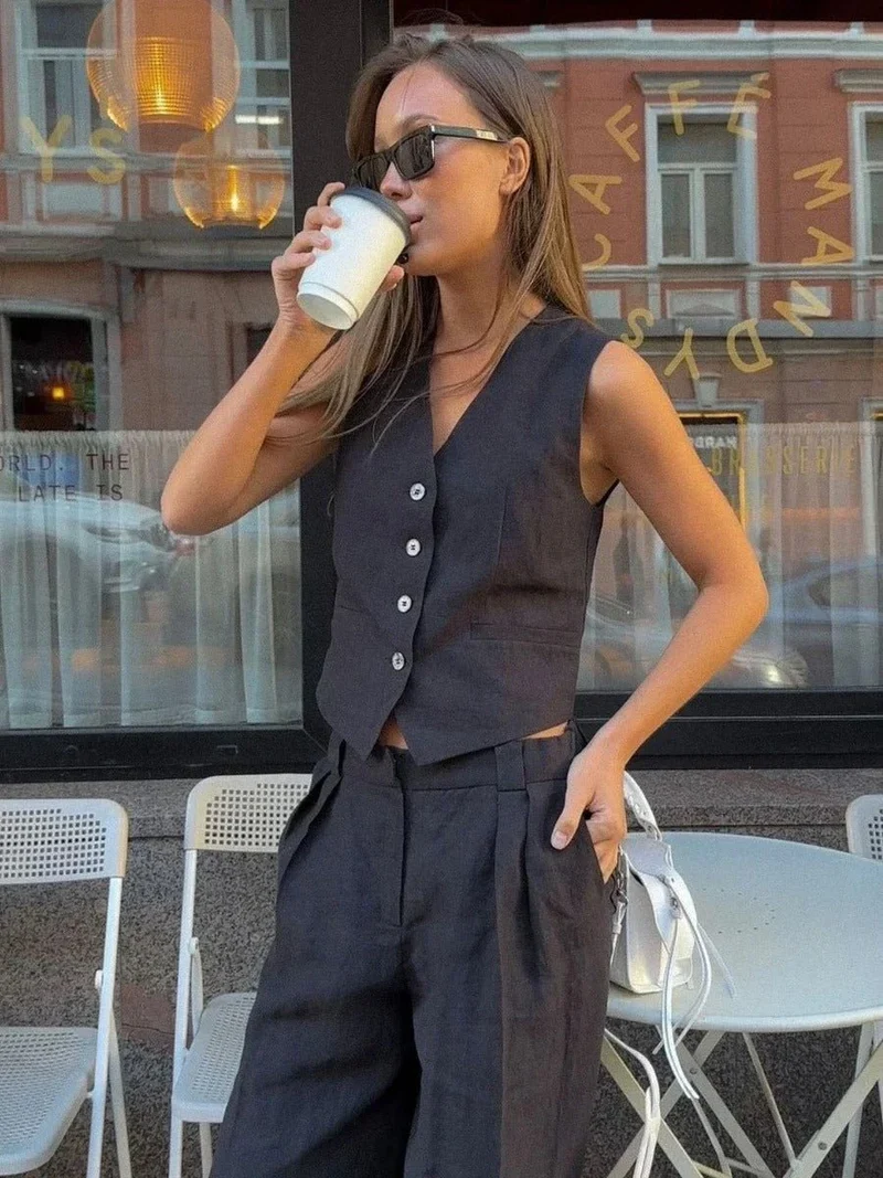 Stefanie – Elegantes Leinen-Set aus Weste und Hose für Damen