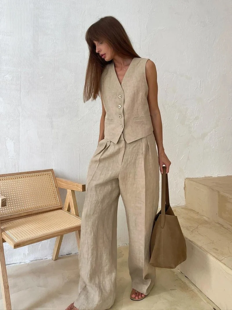 Stefanie – Elegantes Leinen-Set aus Weste und Hose für Damen