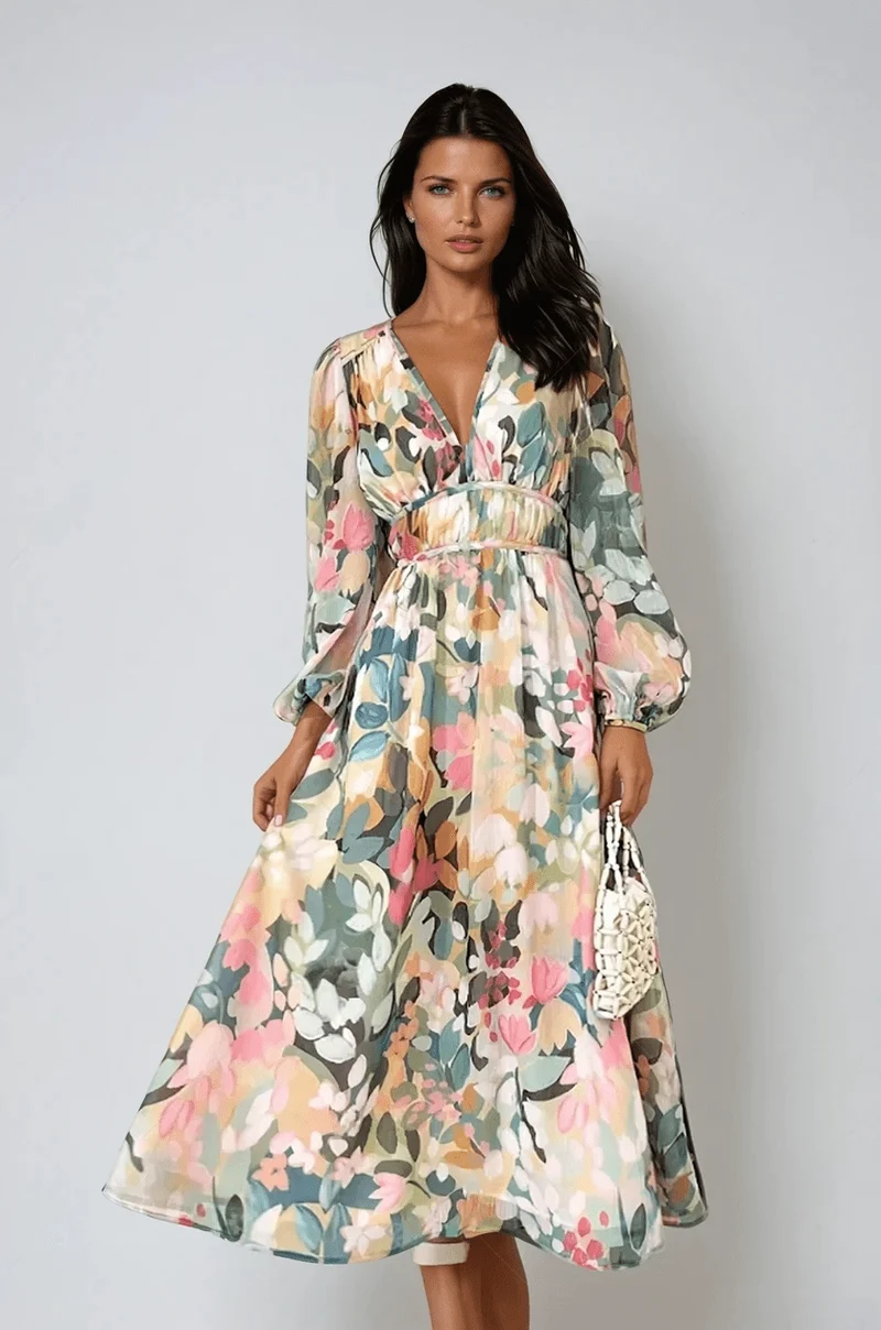 Andrea – Damenkleid mit V-Ausschnitt und langen Ärmeln