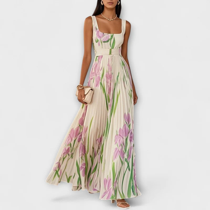 Karin – Damenkleid mit Blumenmuster und Falten