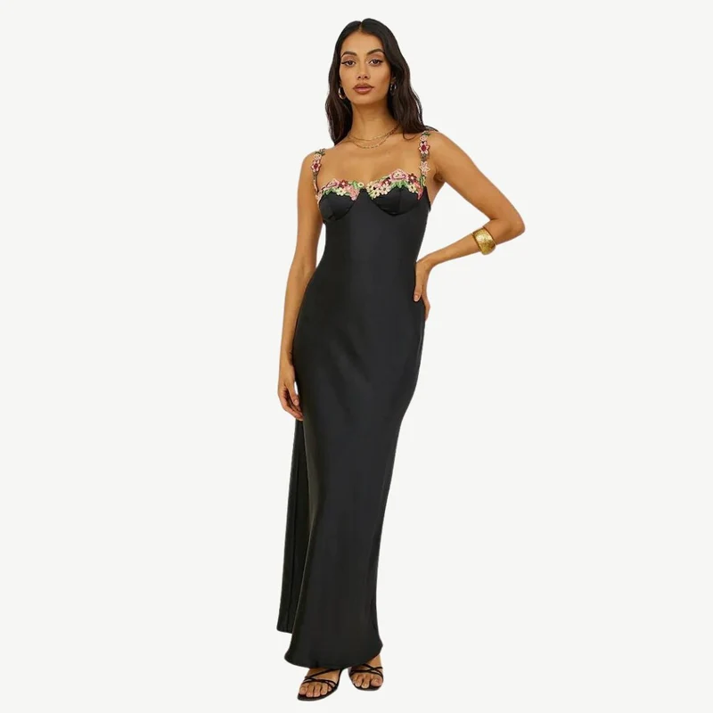 Verena – Damen-Abendkleid aus Satin mit Blumenmuster