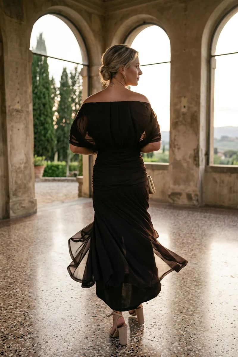 Stefanie – Schulterfreies Kleid mit ausgestelltem Saum