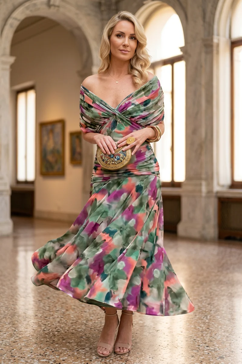 Stefanie – Schulterfreies Kleid mit ausgestelltem Saum