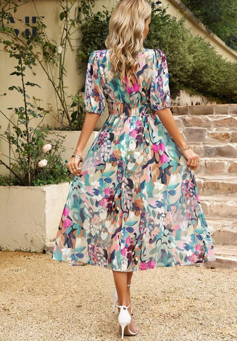 Yvonne – Midi-Kleid für Damen mit Blumenmuster und V-Ausschnitt