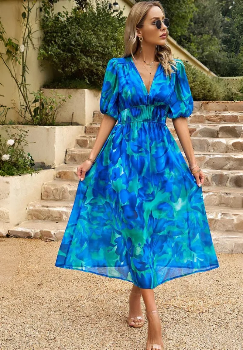 Yvonne – Midi-Kleid für Damen mit Blumenmuster und V-Ausschnitt