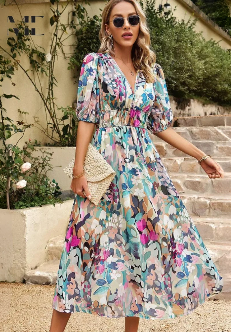 Yvonne – Midi-Kleid für Damen mit Blumenmuster und V-Ausschnitt