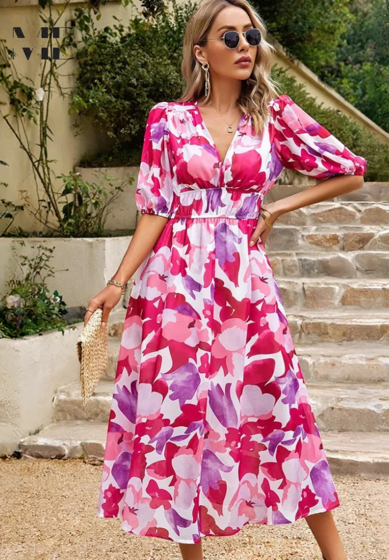 Yvonne – Midi-Kleid für Damen mit Blumenmuster und V-Ausschnitt