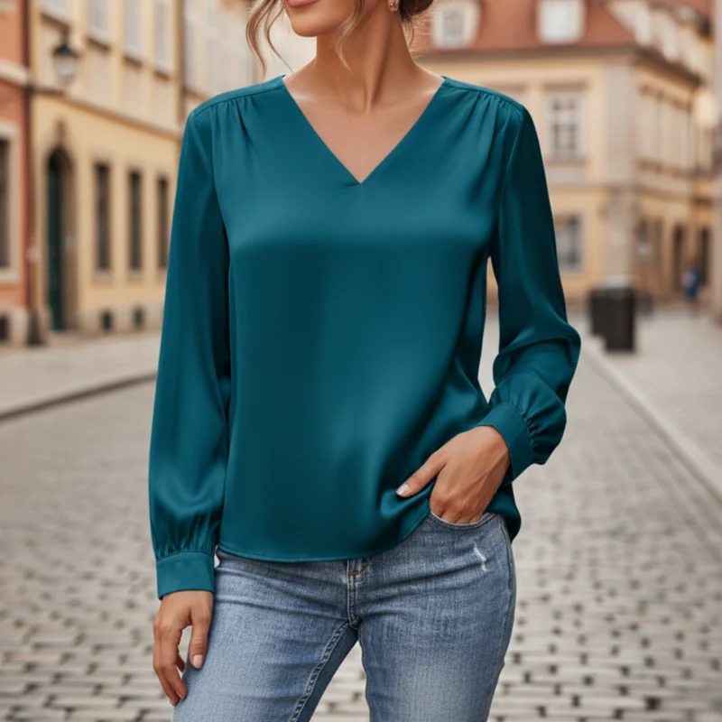 Yvonne – Damen-Satinbluse mit V-Ausschnitt