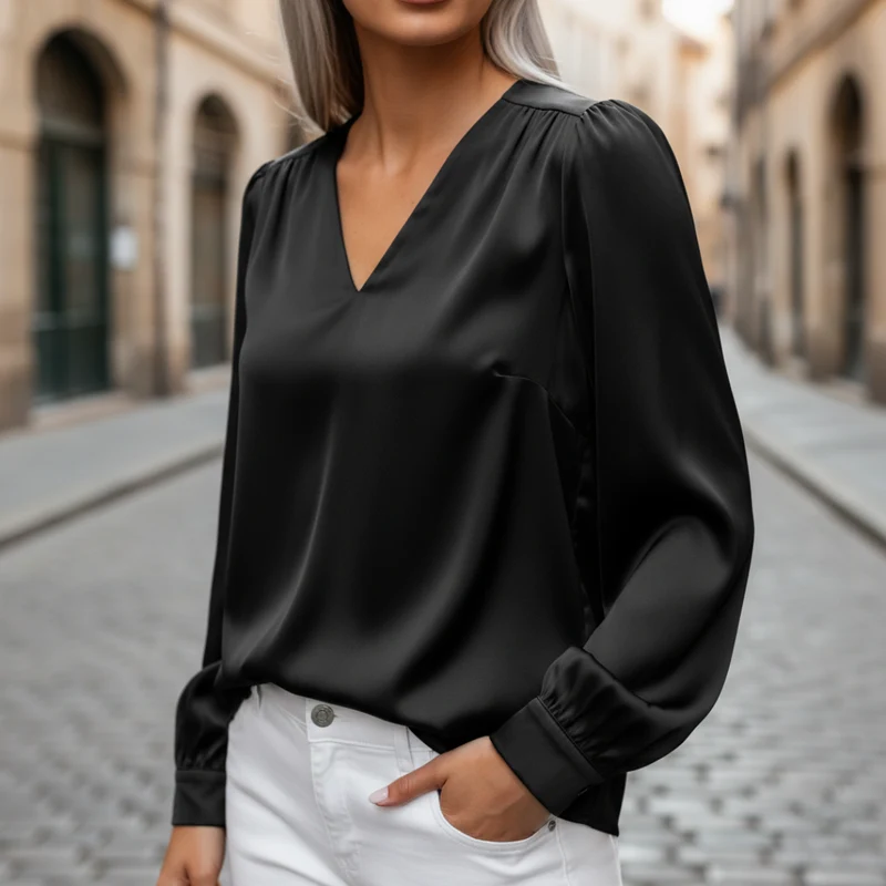 Yvonne – Damen-Satinbluse mit V-Ausschnitt