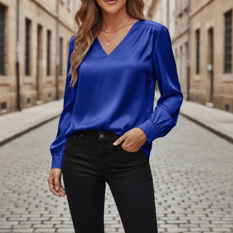 Yvonne – Damen-Satinbluse mit V-Ausschnitt