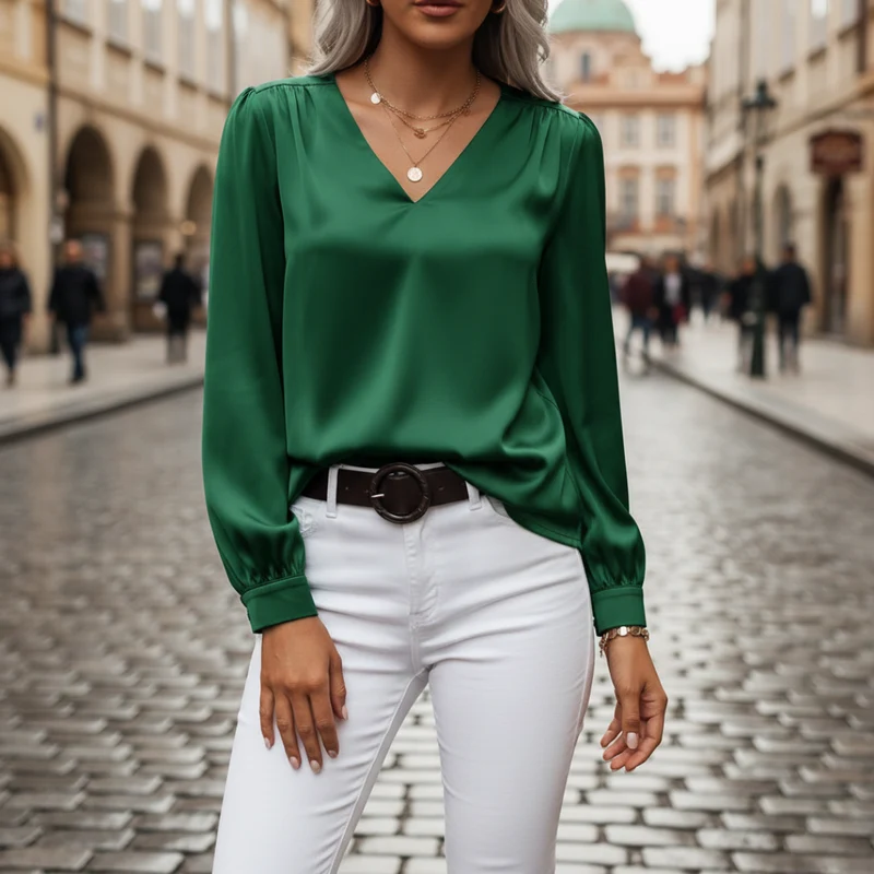 Yvonne – Damen-Satinbluse mit V-Ausschnitt