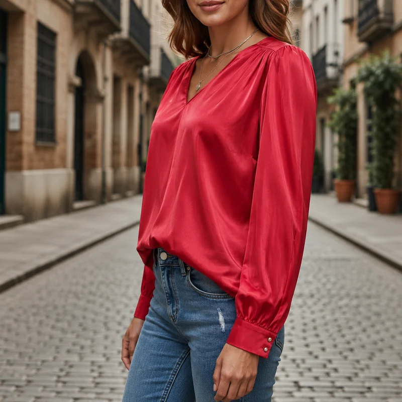 Yvonne – Damen-Satinbluse mit V-Ausschnitt