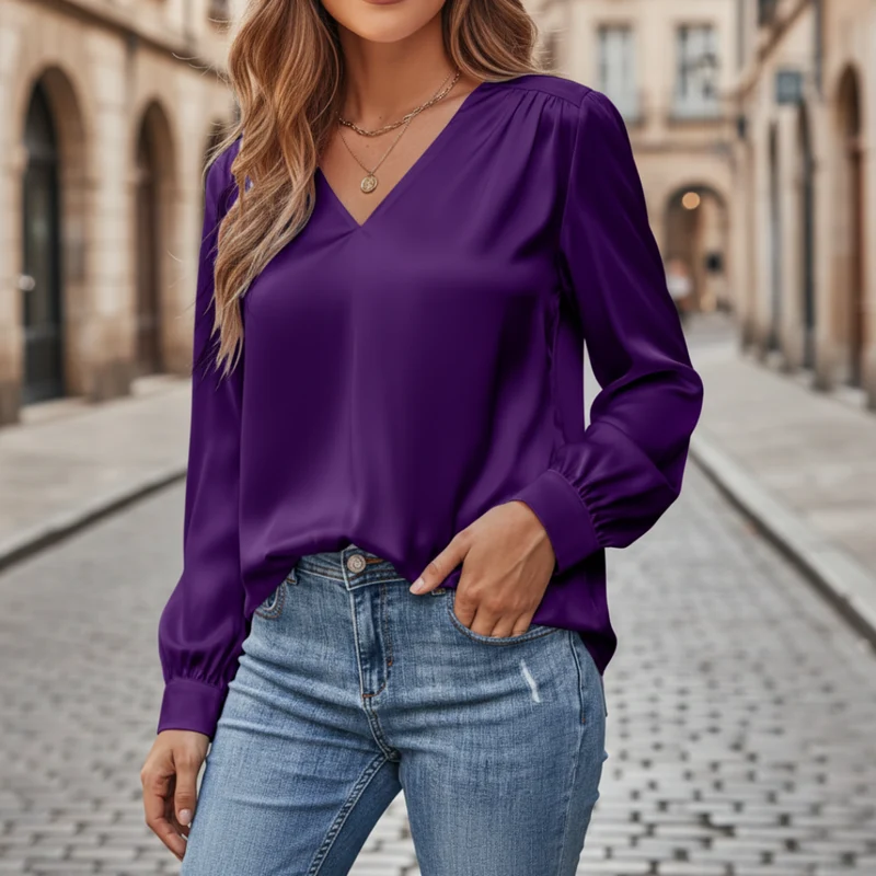 Yvonne – Damen-Satinbluse mit V-Ausschnitt
