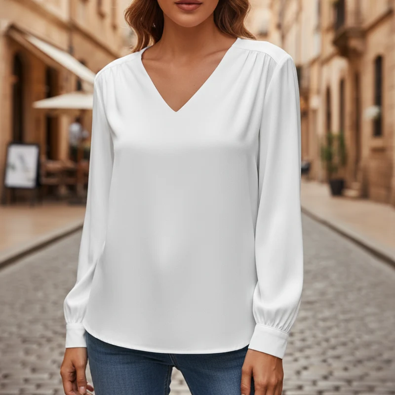 Yvonne – Damen-Satinbluse mit V-Ausschnitt