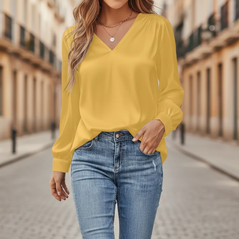 Yvonne – Damen-Satinbluse mit V-Ausschnitt