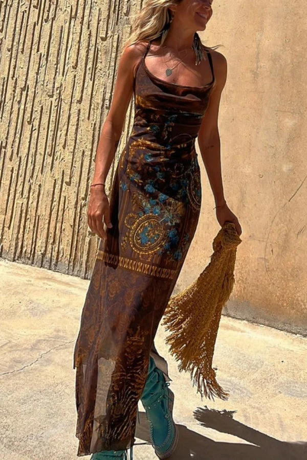Sabine – Maxikleid für Damen mit Schnürung am Nacken und am Rücken sowie Schlitz