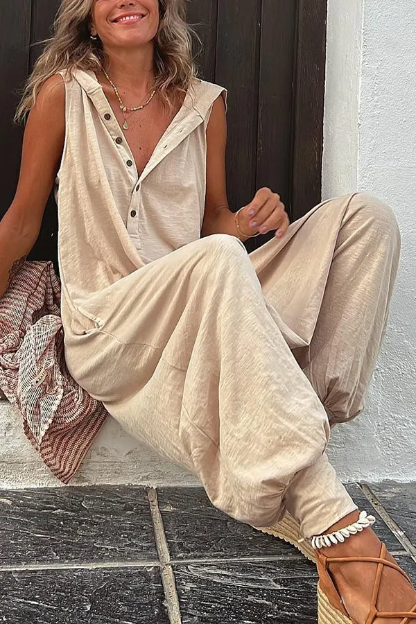 Claudia – Damen-Jumpsuit mit Kapuze und halbem Knopfverschluss