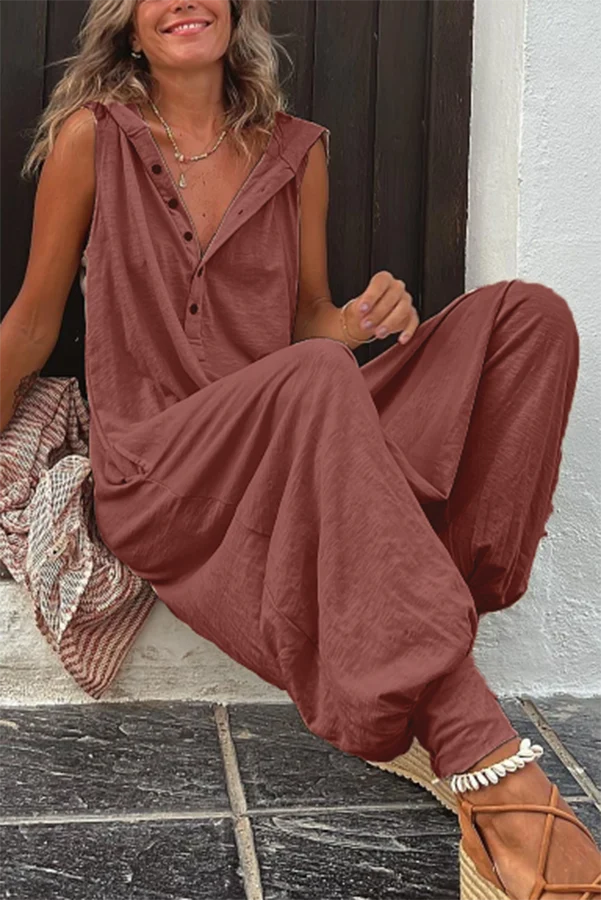 Claudia – Damen-Jumpsuit mit Kapuze und halbem Knopfverschluss