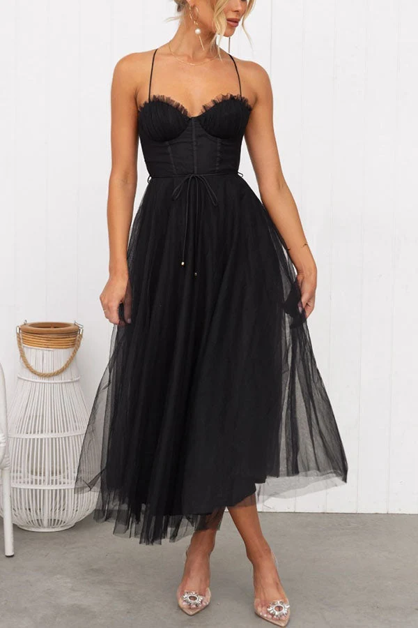 Sandra – Damenkleid aus Chiffon mit Hosenträgern und Tüll