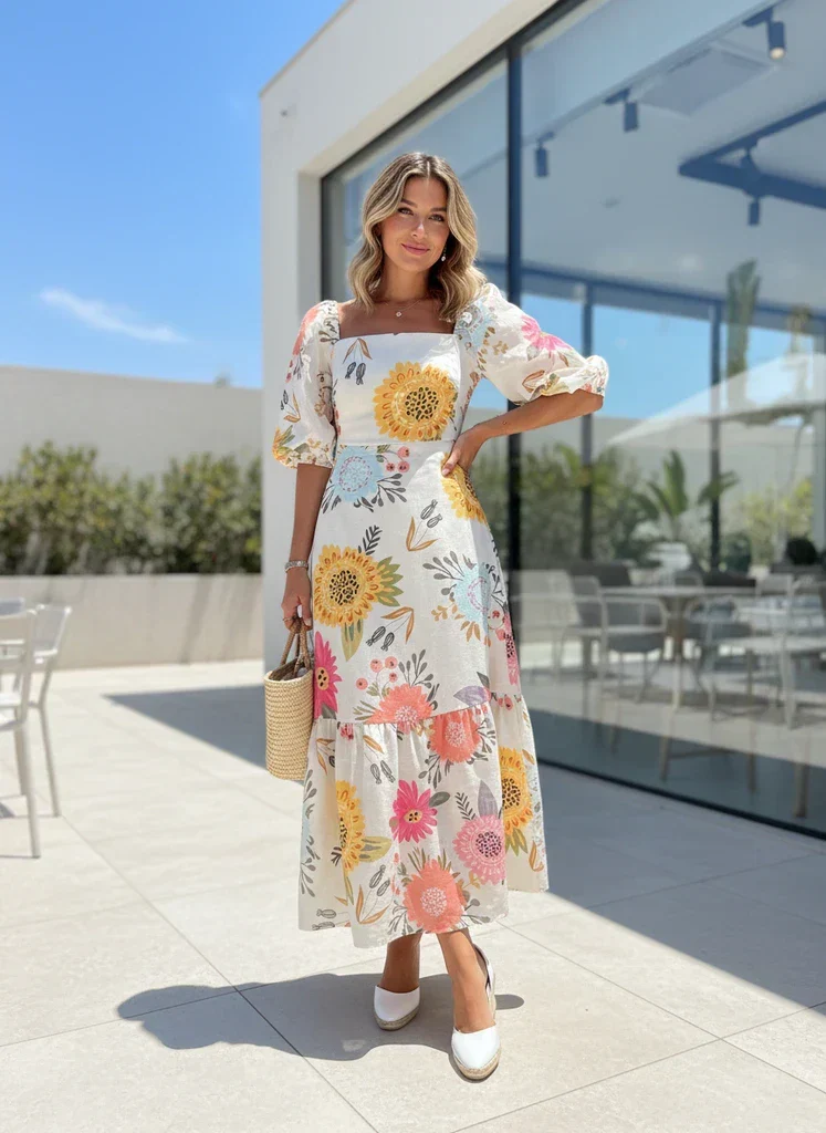 Sarah – Puffärmelkleid mit quadratischem Ausschnitt und Blumenmuster für Damen