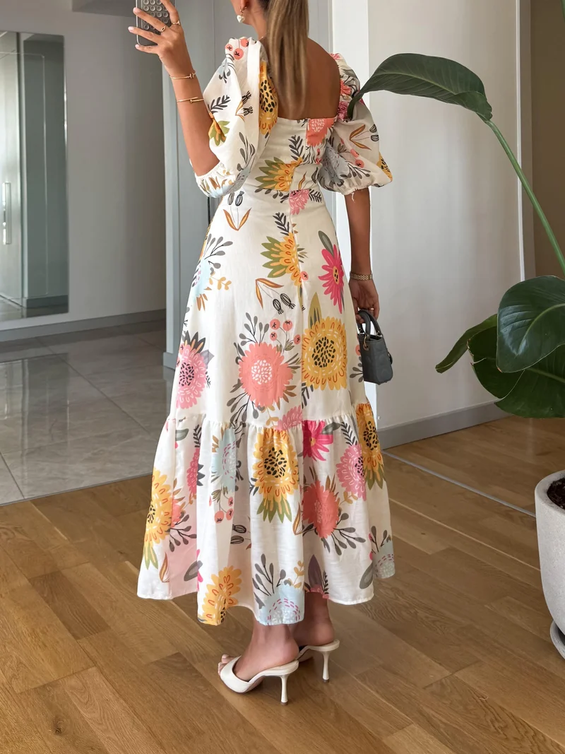 Sarah – Puffärmelkleid mit quadratischem Ausschnitt und Blumenmuster für Damen