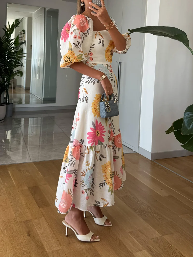 Sarah – Puffärmelkleid mit quadratischem Ausschnitt und Blumenmuster für Damen