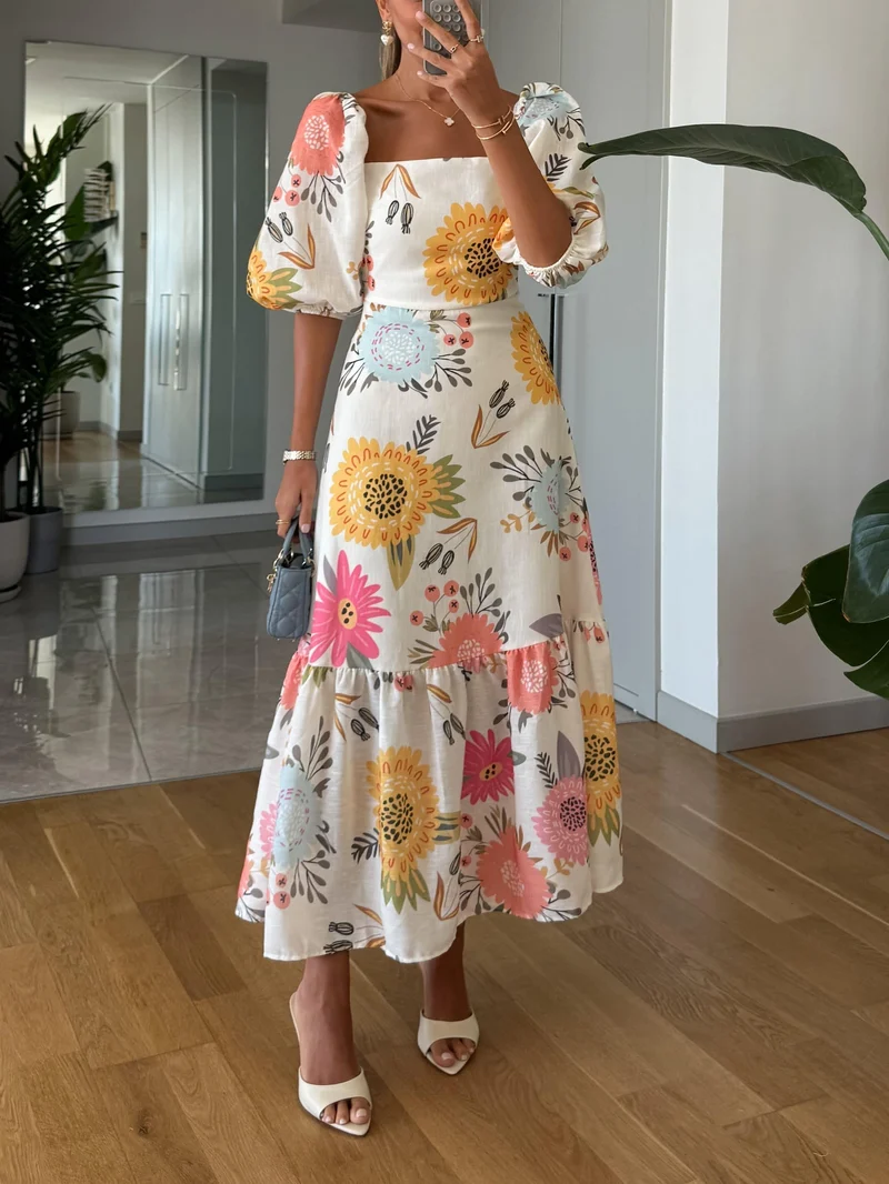 Sarah – Puffärmelkleid mit quadratischem Ausschnitt und Blumenmuster für Damen