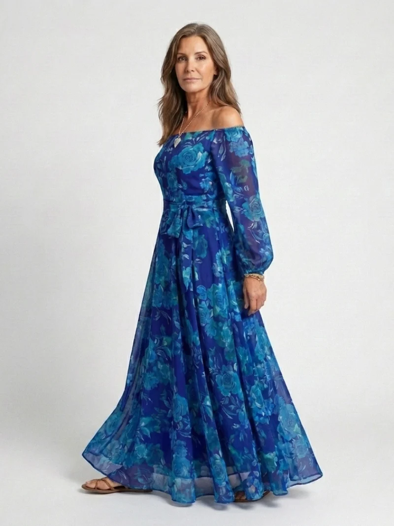 Alina – Elegantes schulterfreies Maxikleid für Damen