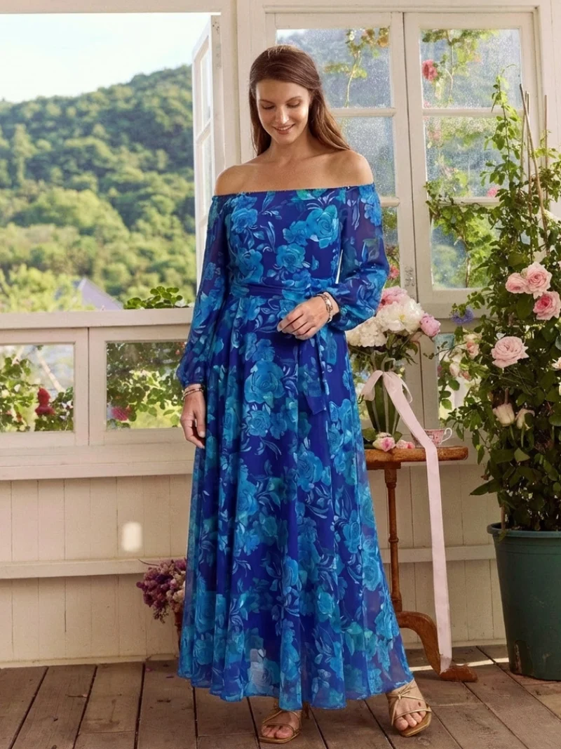 Alina – Elegantes schulterfreies Maxikleid für Damen