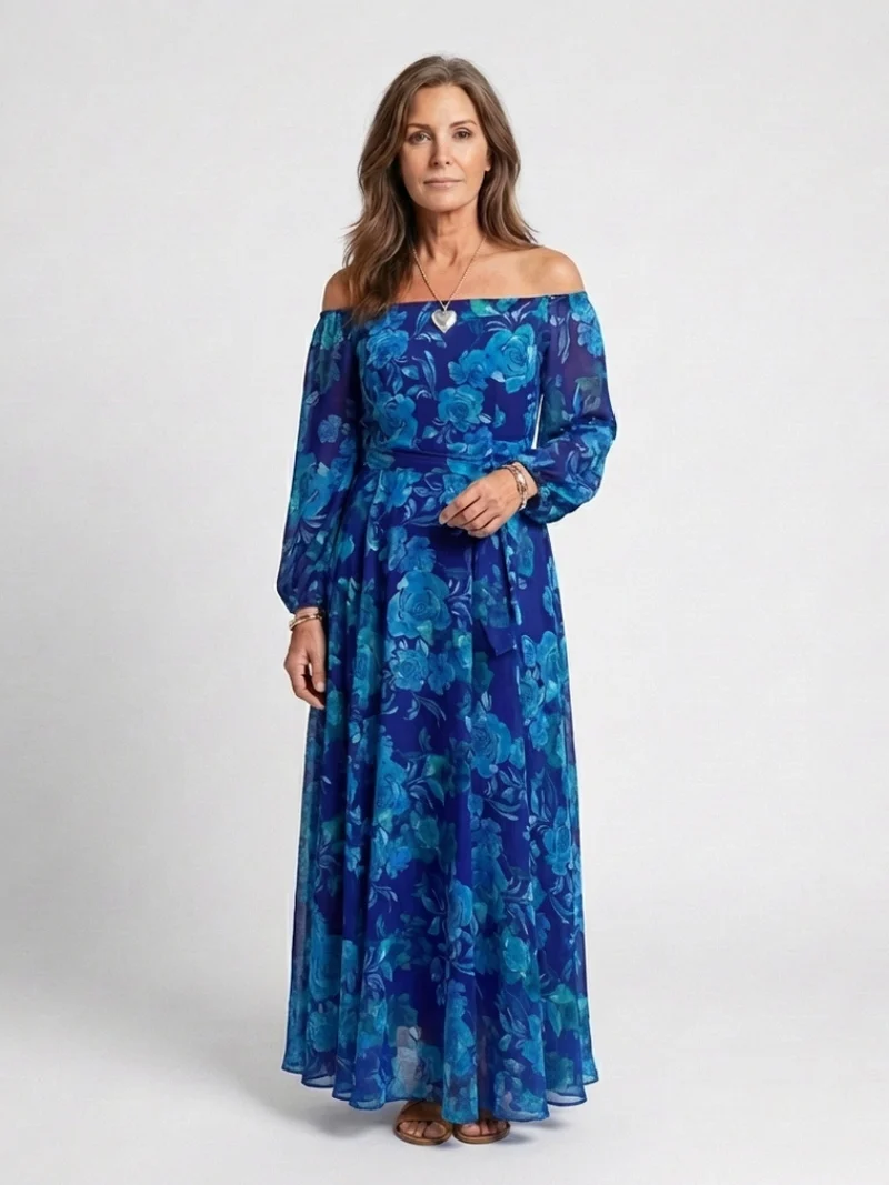 Alina – Elegantes schulterfreies Maxikleid für Damen