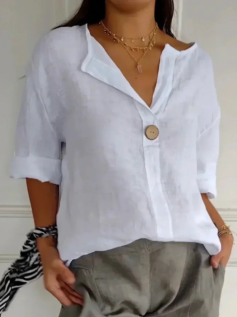 Ines – Lässige Leinenbluse mit V-Ausschnitt für Damen