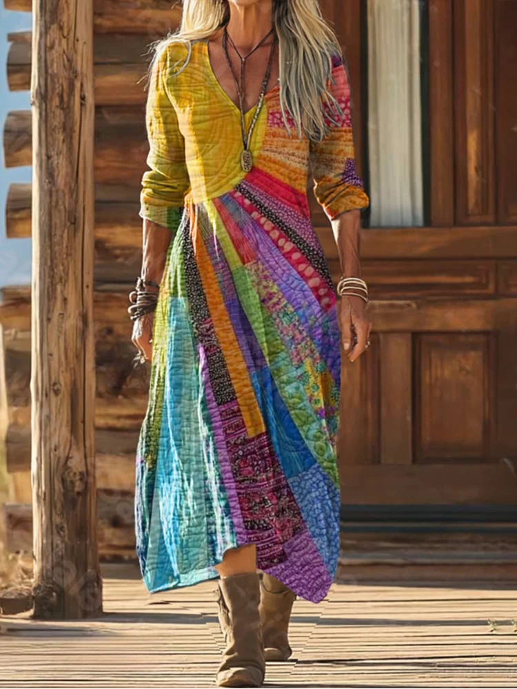 Stefanie – Bohemian-Maxikleid mit Sonnenstrahlenmuster für Damen