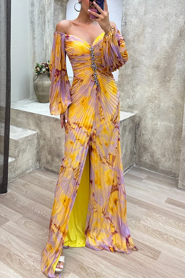 Emilia – Elegantes, bedrucktes Maxikleid mit schulterfreiem Ausschnitt und Rautenausschnitt