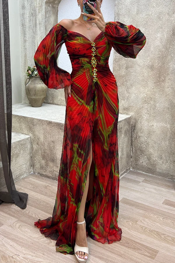 Emilia – Elegantes, bedrucktes Maxikleid mit schulterfreiem Ausschnitt und Rautenausschnitt