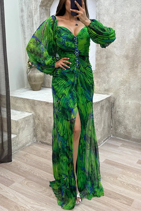 Emilia – Elegantes, bedrucktes Maxikleid mit schulterfreiem Ausschnitt und Rautenausschnitt
