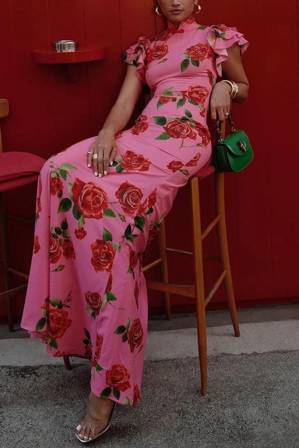 Lina – Elegantes Maxikleid für Damen mit Rosenmuster, Stufenrock und ausgestellten Ärmeln