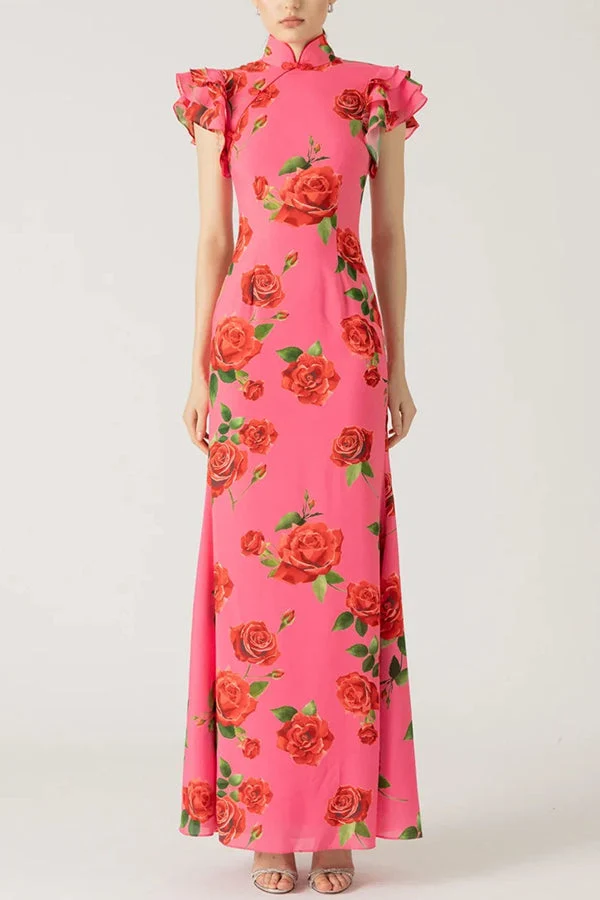 Lina – Elegantes Maxikleid für Damen mit Rosenmuster, Stufenrock und ausgestellten Ärmeln