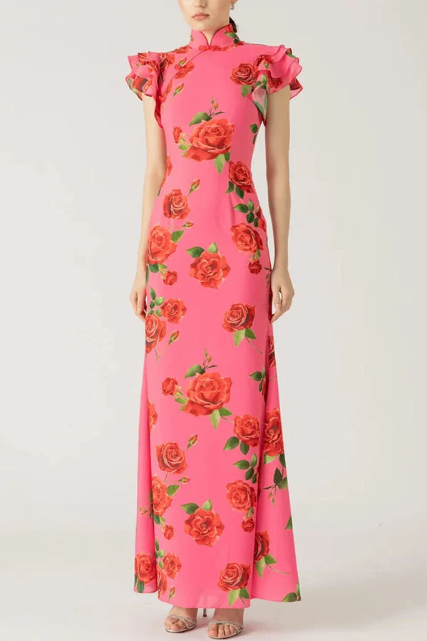 Lina – Elegantes Maxikleid für Damen mit Rosenmuster, Stufenrock und ausgestellten Ärmeln