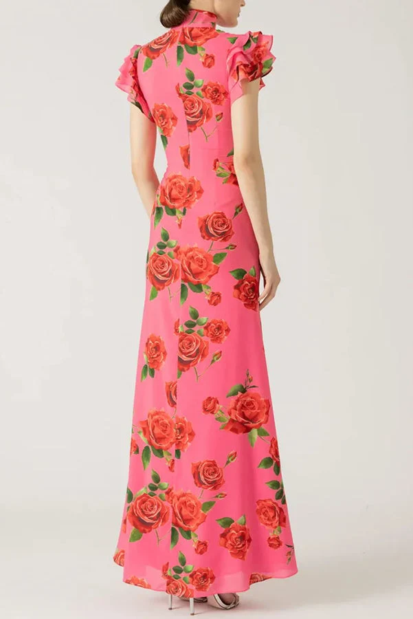 Lina – Elegantes Maxikleid für Damen mit Rosenmuster, Stufenrock und ausgestellten Ärmeln