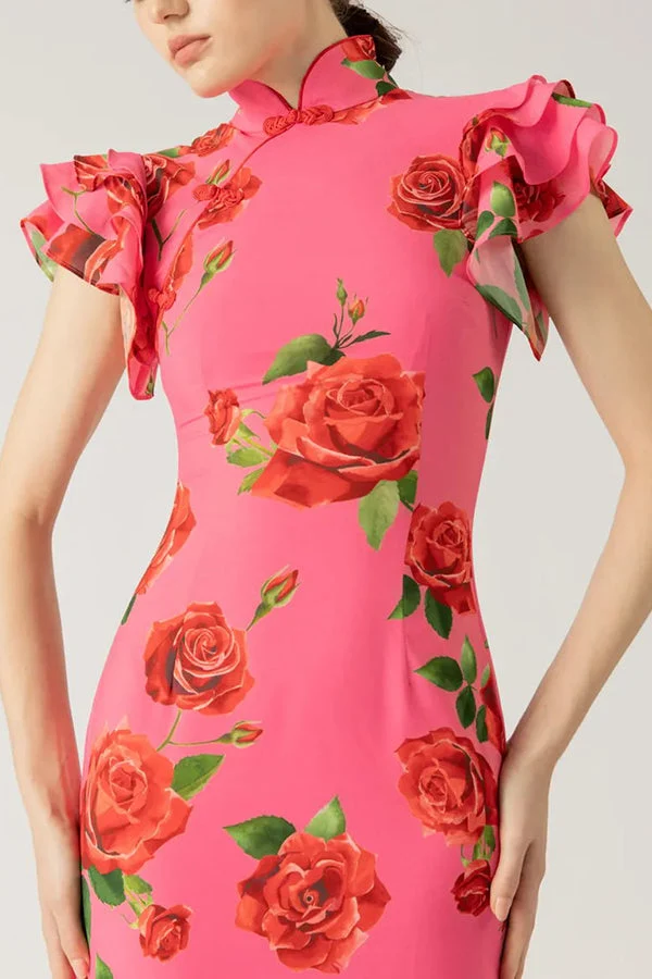 Lina – Elegantes Maxikleid für Damen mit Rosenmuster, Stufenrock und ausgestellten Ärmeln