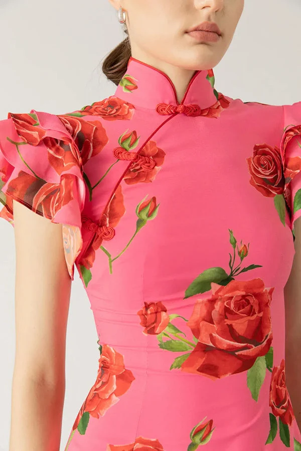 Lina – Elegantes Maxikleid für Damen mit Rosenmuster, Stufenrock und ausgestellten Ärmeln