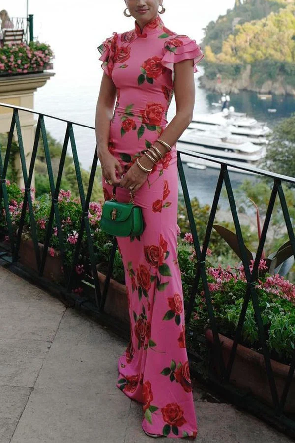 Lina – Elegantes Maxikleid für Damen mit Rosenmuster, Stufenrock und ausgestellten Ärmeln