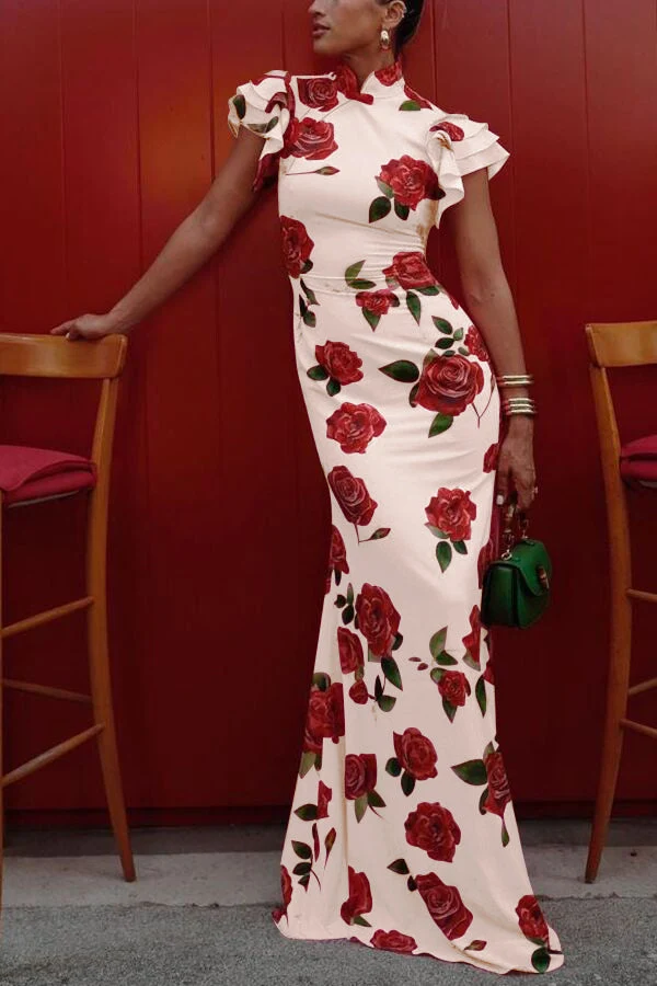Lina – Elegantes Maxikleid für Damen mit Rosenmuster, Stufenrock und ausgestellten Ärmeln